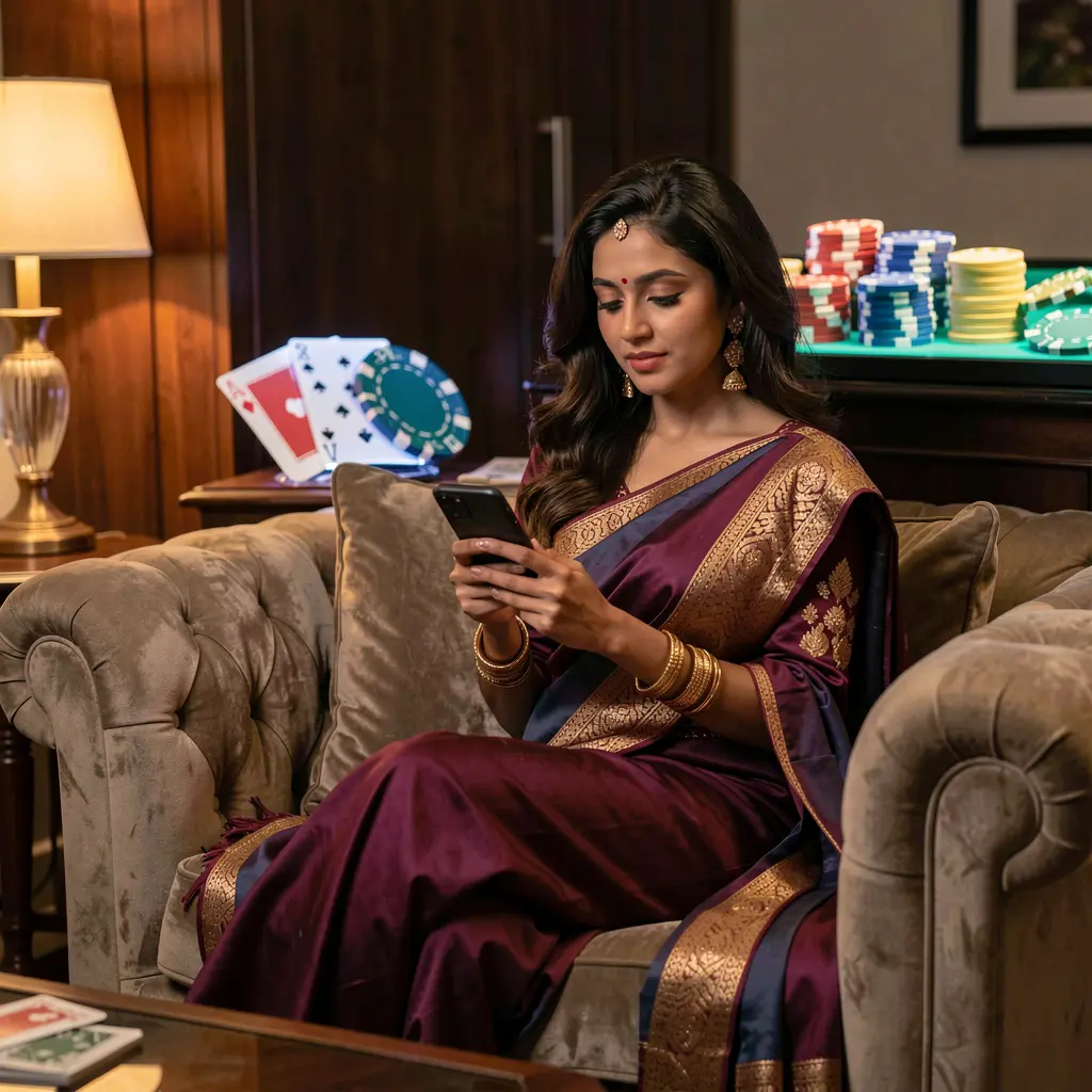 Confident Indian woman relaxing on a sofa while using the LS7 casino app with glowing chips and cards creating a premium gaming mood