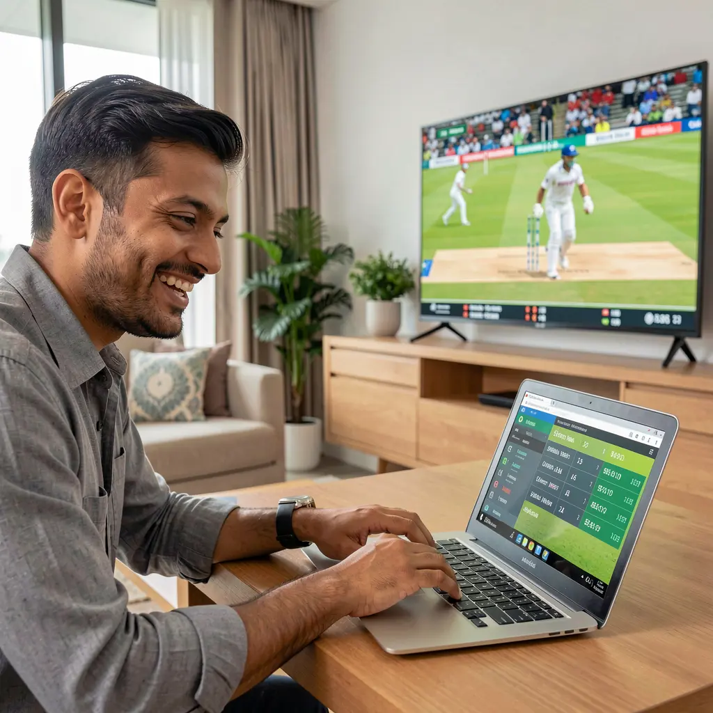 Smiling Indian man enjoying online sports betting on a laptop at home while watching a live cricket match on TV using the LS7 betting platform