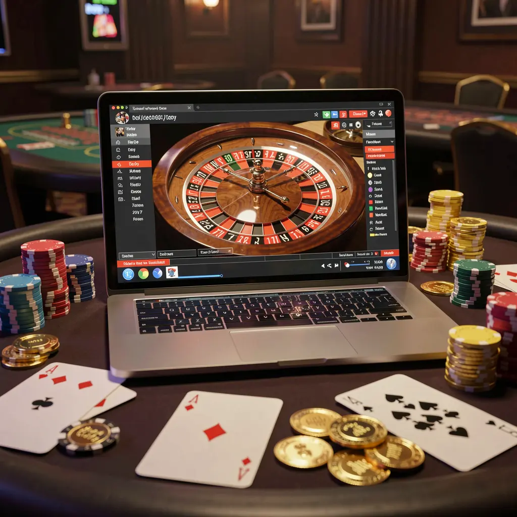 Modern laptop showing a live roulette wheel surrounded by casino chips and playing cards representing the premium LS7 online casino experience for Indian players