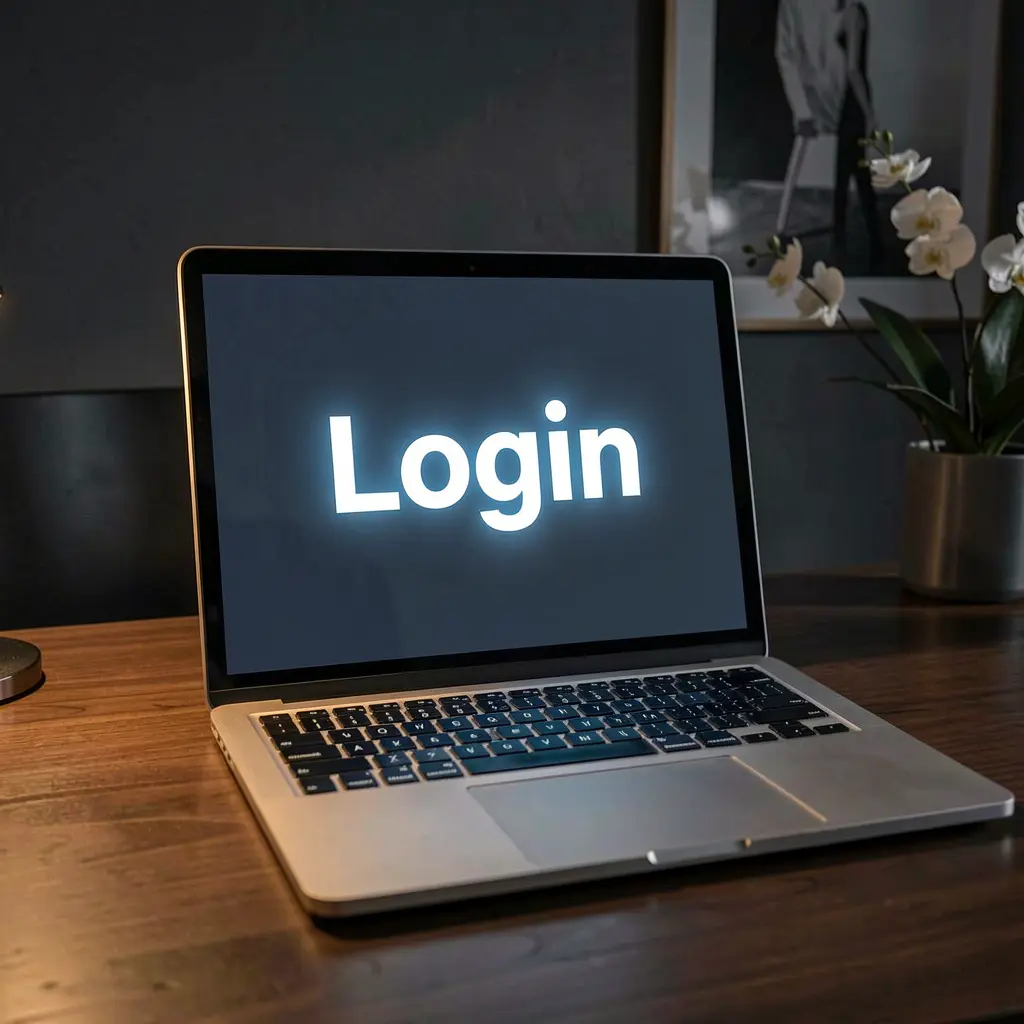 Modern laptop on a dark desk with a bright login screen showing secure access to the LS7 online casino platform for players in India
