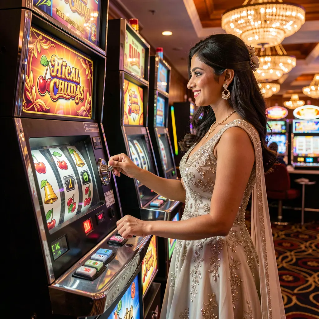 Glamorous Indian woman in a sparkling evening gown playing a luxury slot machine in a vibrant casino atmosphere at LS7 casino India